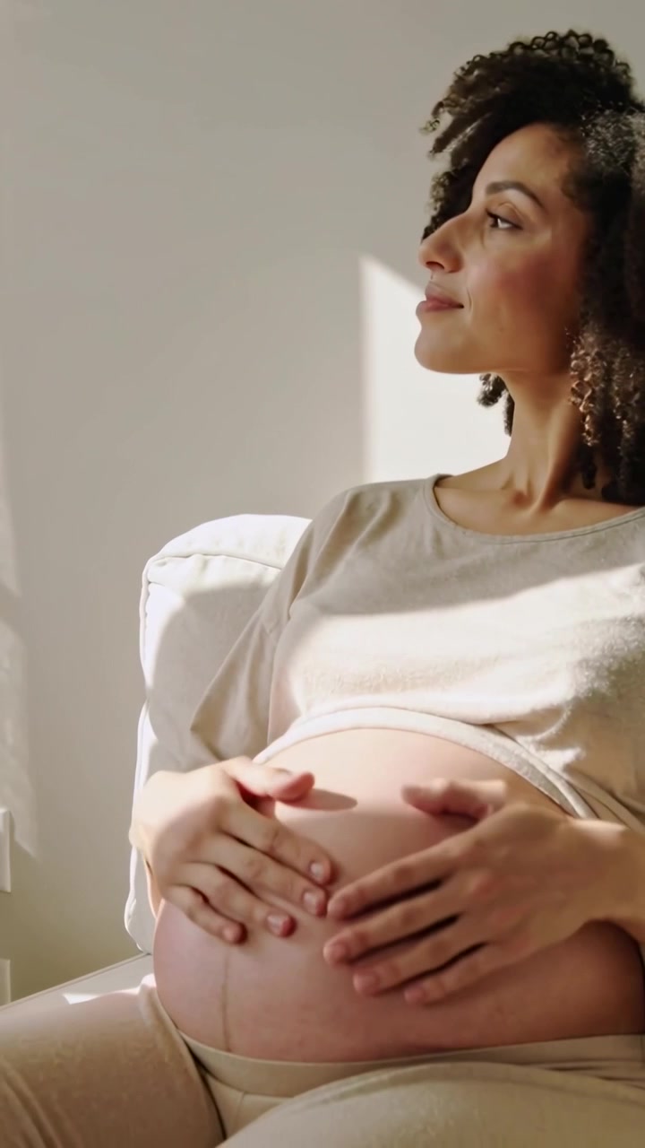 Video verticale: Donna incinta che guarda in basso e si accarezza la pancia sul divano, con top beige sollevato, cullando il bambino