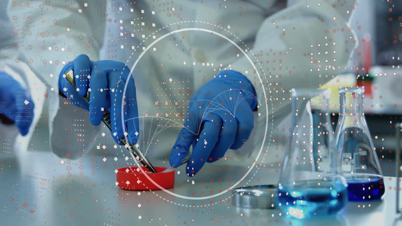 анимация обработки научных данных над женщиной-ученым в лаборатории