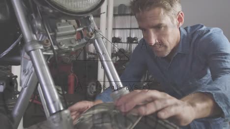 Animation of mathematical equations with man repairing wheel of his motorbike