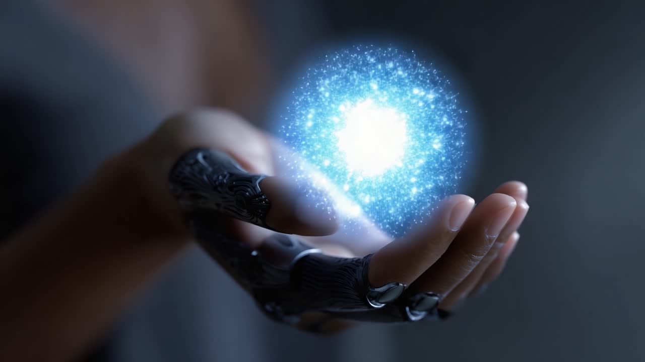 A robotic hand generating a luminous sphere of energy, showcasing the fusion of technology and magical elements in a futuristic setting of creative imagination