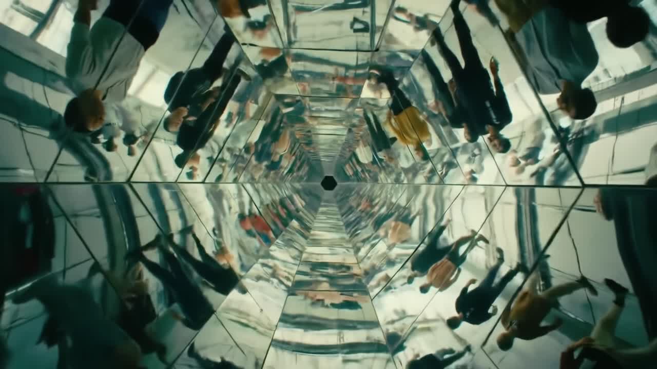 Reflective Wonder: A Visually Engaging Journey Through an Intricate Mirror Tunnel Capturing the Essence of Human Movement and Interaction