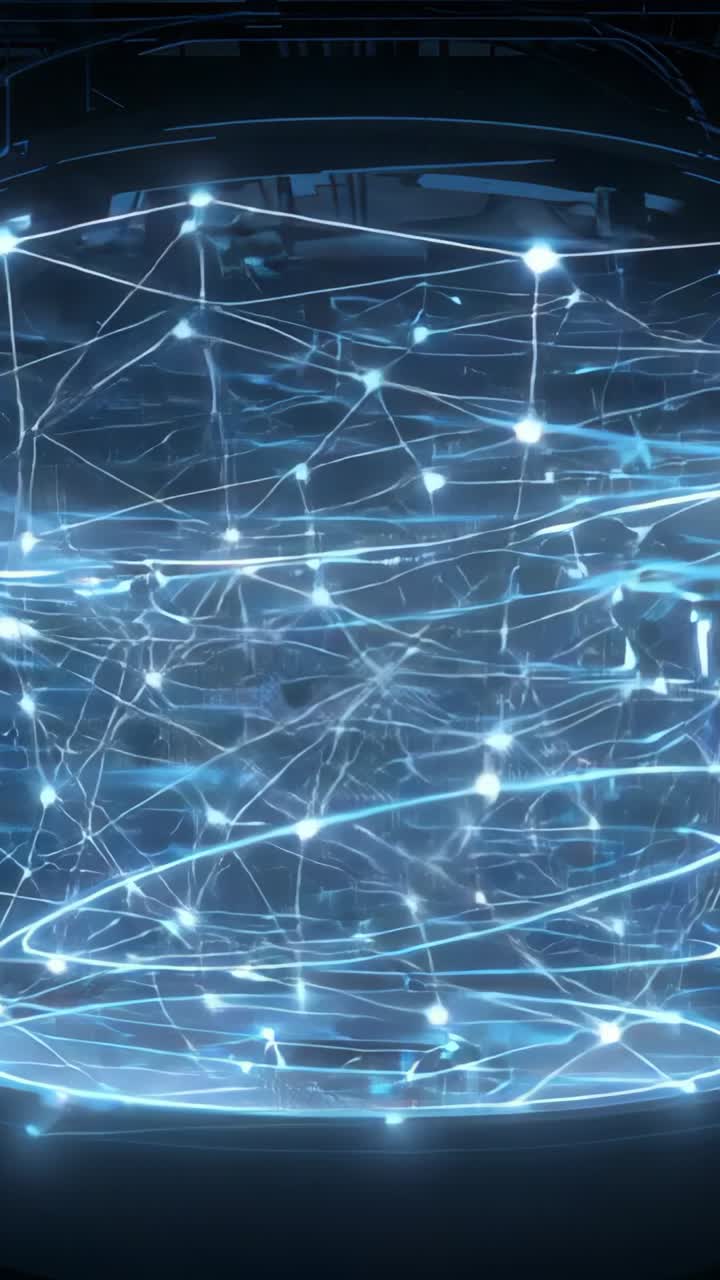 Vertical video: Emerging network cylinder rotating, pulsing in void, with glowing blue nodes