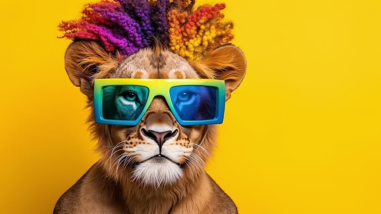 A lion wearing a colorful wig and sunglasses