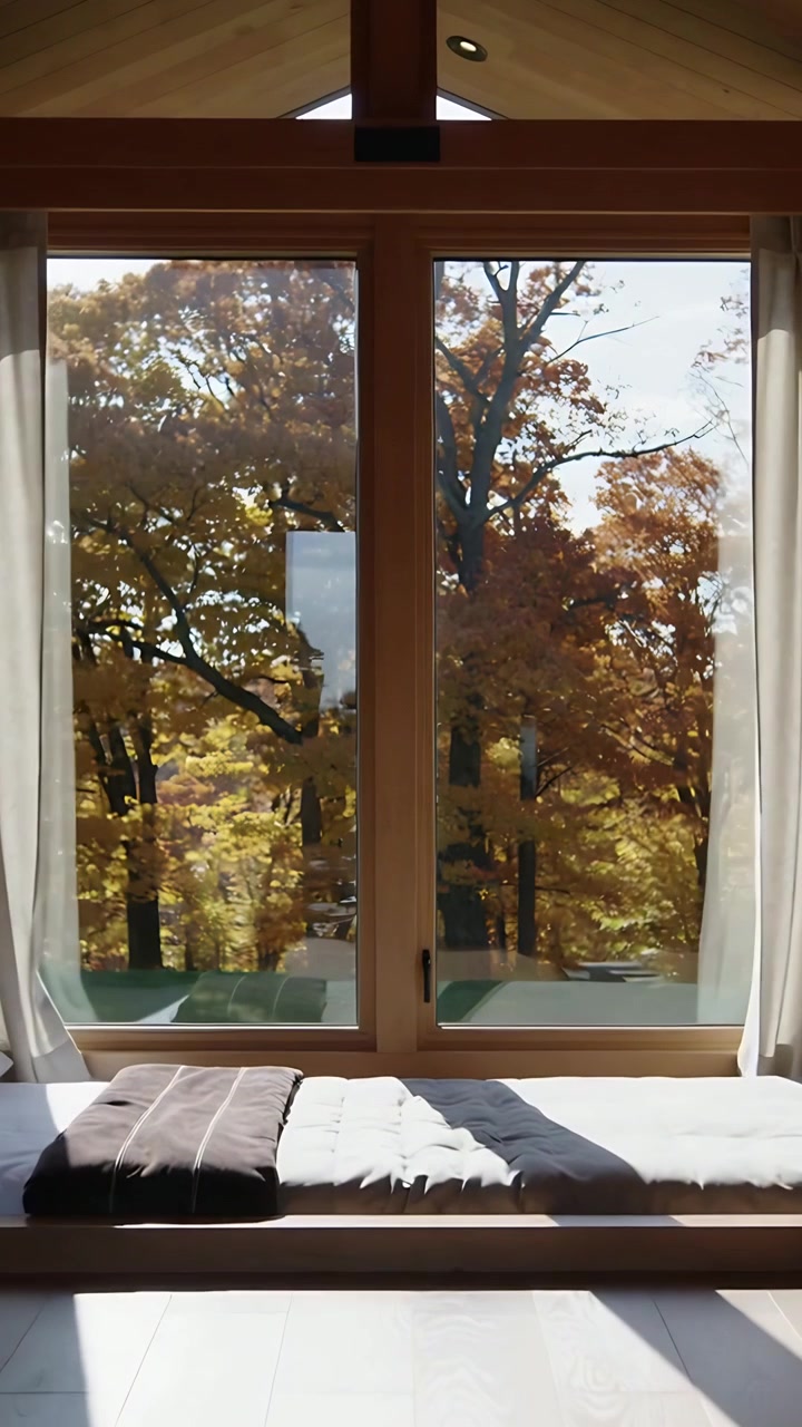 Video vertical: Mano tirando y abriendo cortinas claras en la ventana de un loft para revelar un diván iluminado por el sol y árboles.