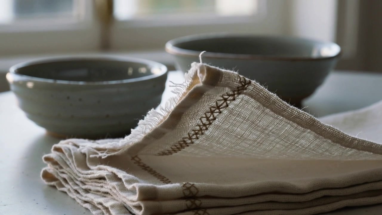 Zooming camera showing linen napkin lifting corner on table by window, crossstitch and bowls
