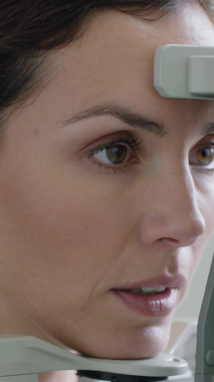 Vertical video: Placing patient holding head on chinrest and forehead pad in clinic, exam starting