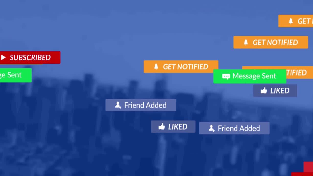 도시 풍경 위의 배너에 있는 소셜 미디어 텍스트의 애니메이션