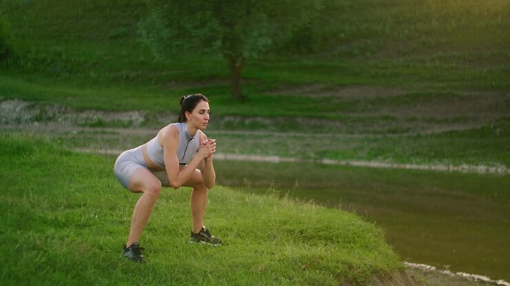 Lunges in the side. A woman does exercises for the muscles of her thighs and legs on the grass in a Park near the lake. Work with abs muscles. Slim beautiful figure. Fitness marathon