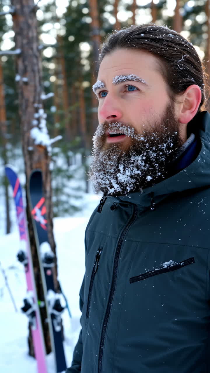 Uomo con barba e sopracciglia ghiacciate in una foresta invernale con gli sci