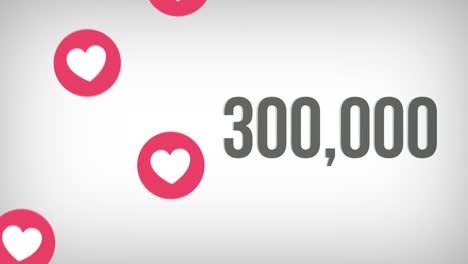 animated shot of 1,000,000 likes being counted with thumping hearts on a social media page. 4k video