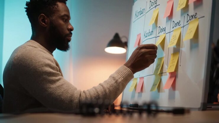 A Focused Individual Organizing Tasks with Sticky Notes on a Kanban Board, Illustrating Time Management and Workflow Optimization Concepts.