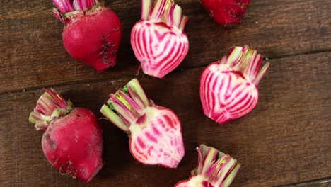 chioggia beetroots on wooden table