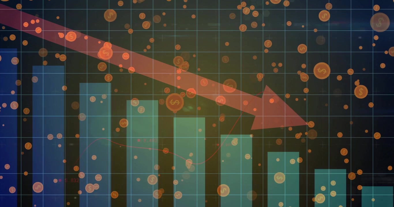 Animated Financial Chart Showing Declining Bars and Falling Dollar Signs with Red Downward Arrow