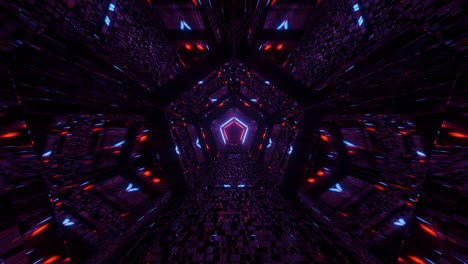 cámara en forma de pentágono en movimiento de luz reflejada púrpura, roja y azul movimiento 3d