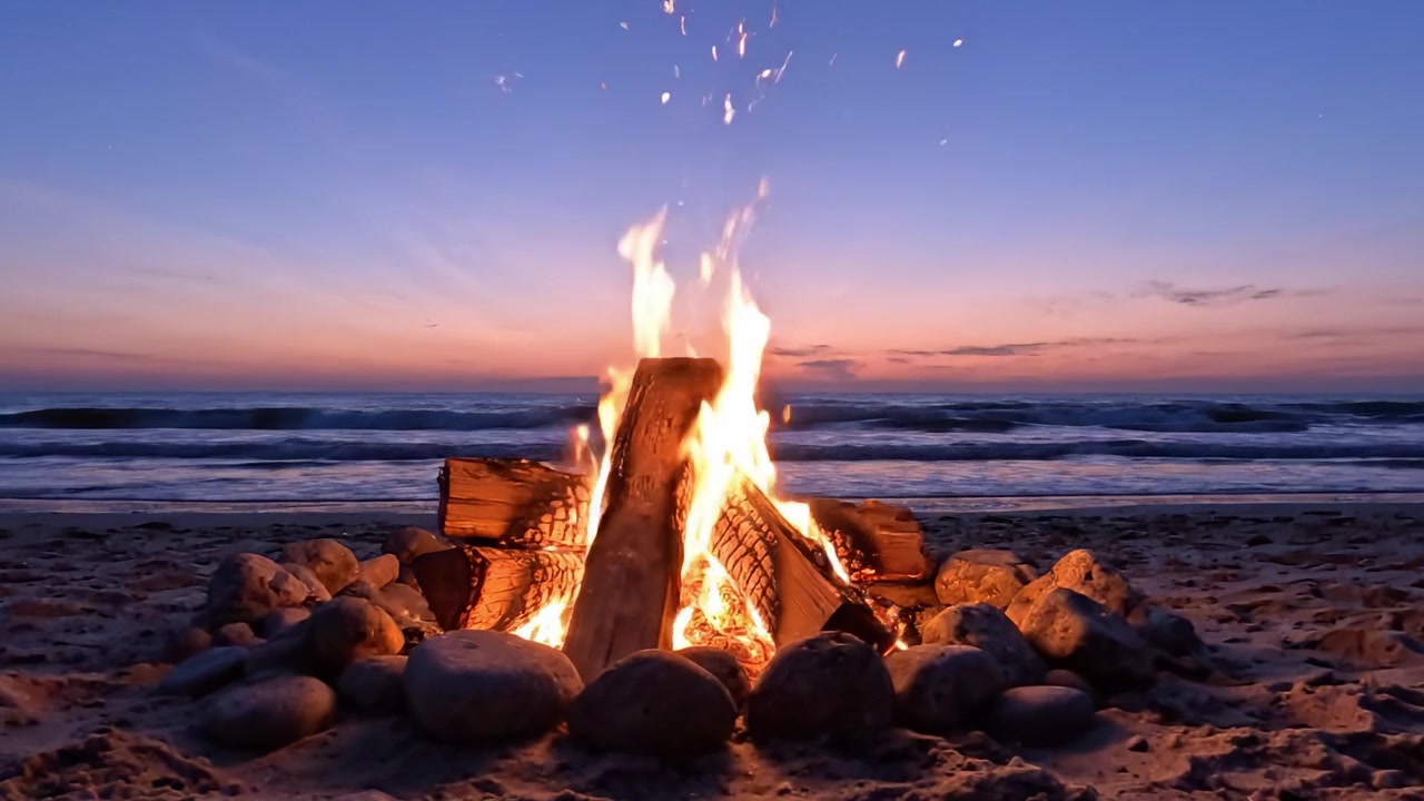 Un accogliente falò sulla spiaggia illumina il cielo crepuscolare, proiettando un caldo bagliore sulle pietre lisce e sulle dolci onde dell'orizzonte oceanico serale.