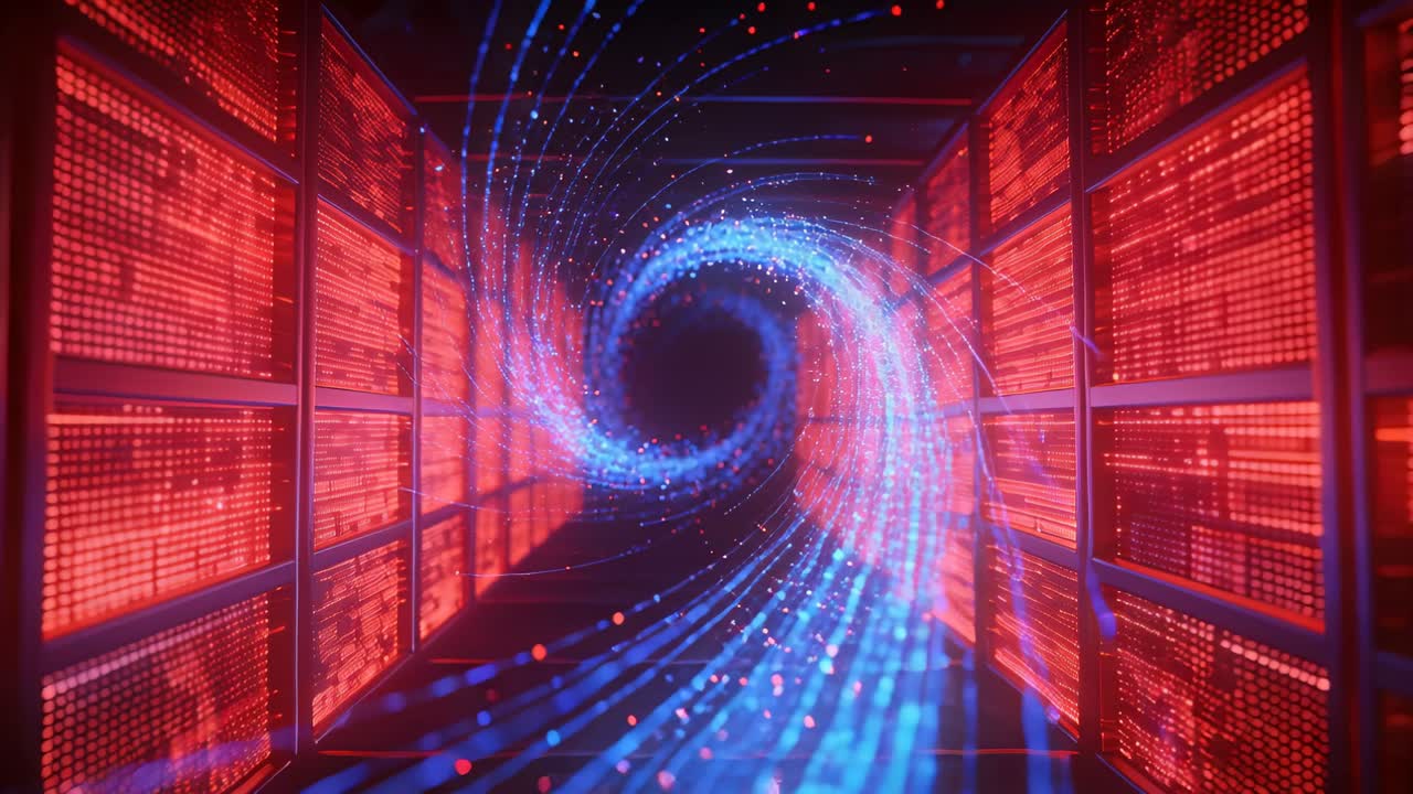 Vertical video: Entering lower-right, blue stream curling into core in tunnel, lighting red panels