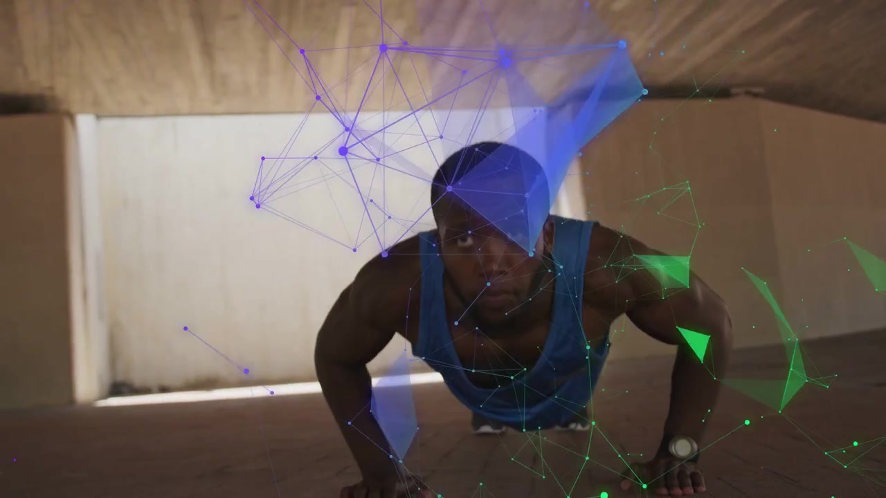 Man starting low plank, performing push-ups in underpass, polygons drifting, training strength