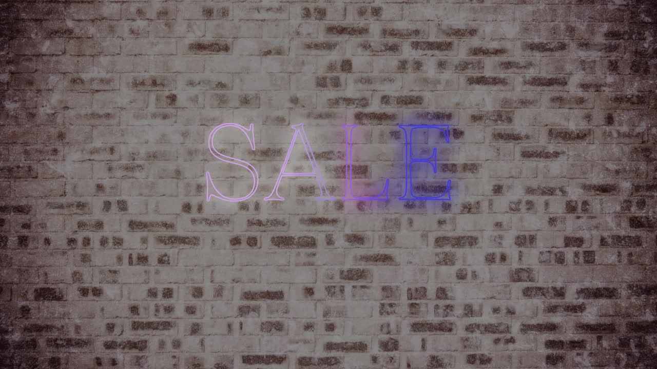 벽돌 벽 배경에 빛나는 보라색과  ⁇ 색 네온으로 판매 텍스트의 애니메이션