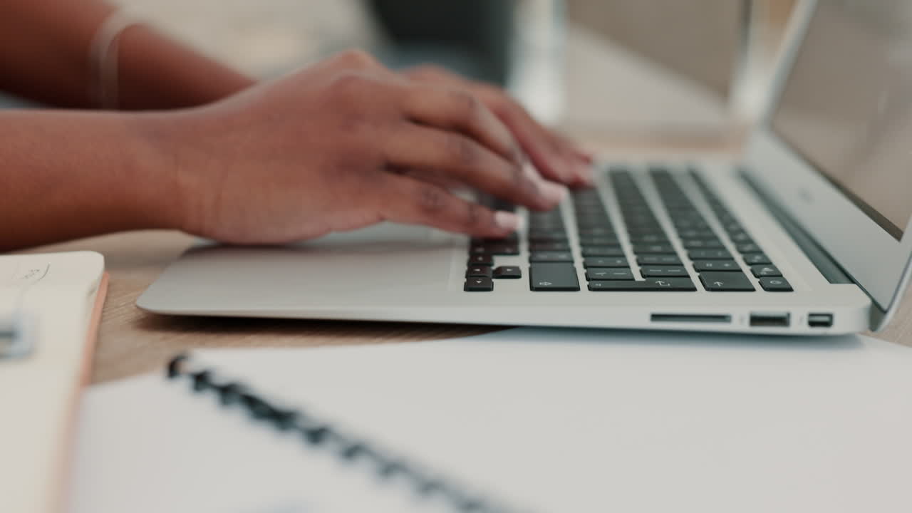 Laptop, hands and typing, black woman working