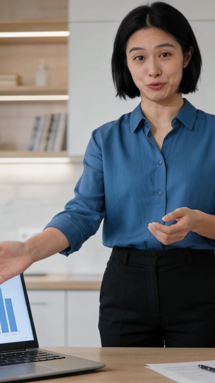 Vertical video: Opening laptop woman in blue top pointing at bar chart in office explaining results