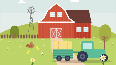 An-animation-of-a-Barn-background-with-tractor-in-flat-design