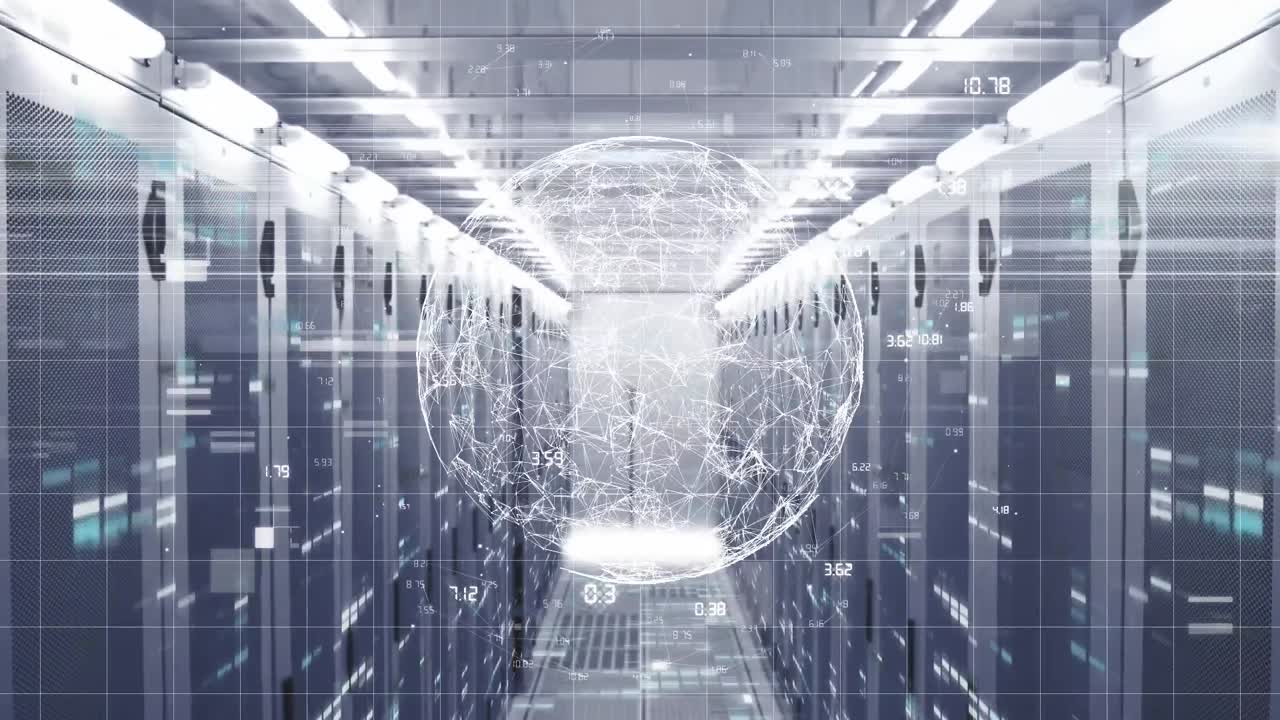 Animation of globe and data processing over computer servers