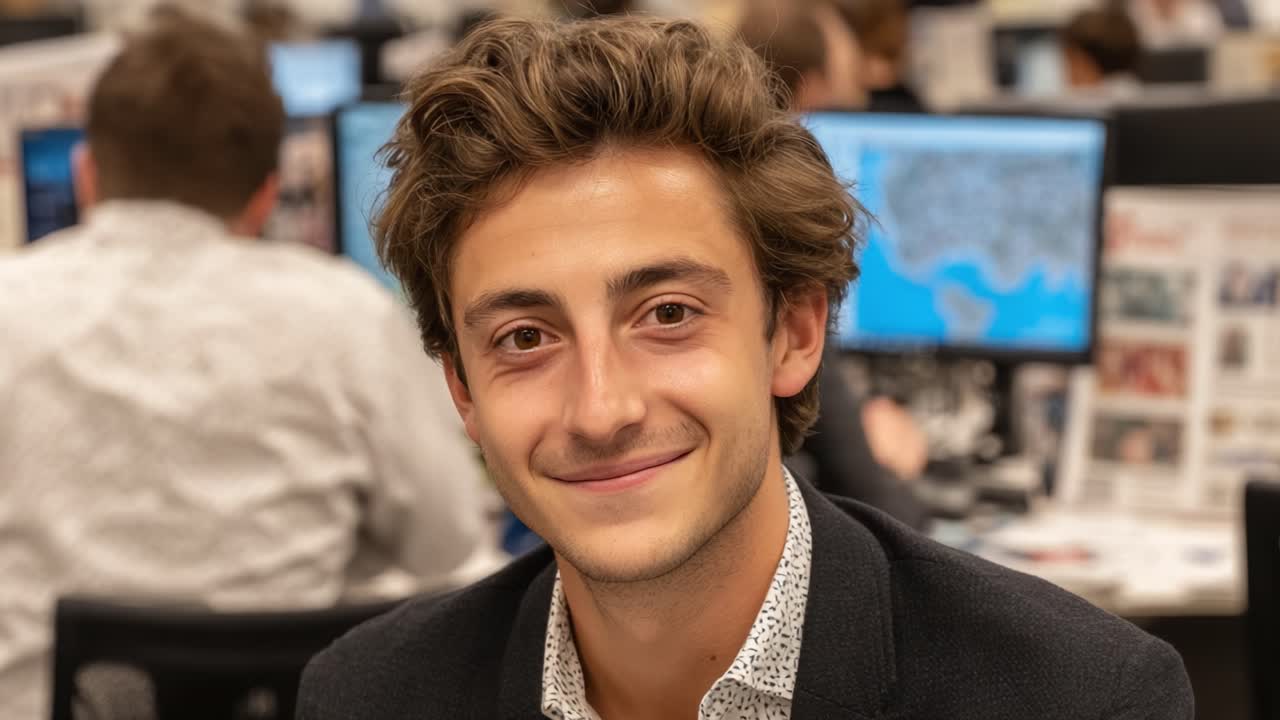 A Confident Young Professional Smiling in a Busy Office Environment, Surrounded by Colleagues Engaged in Work at Their Desks with Computers and Printed Materials