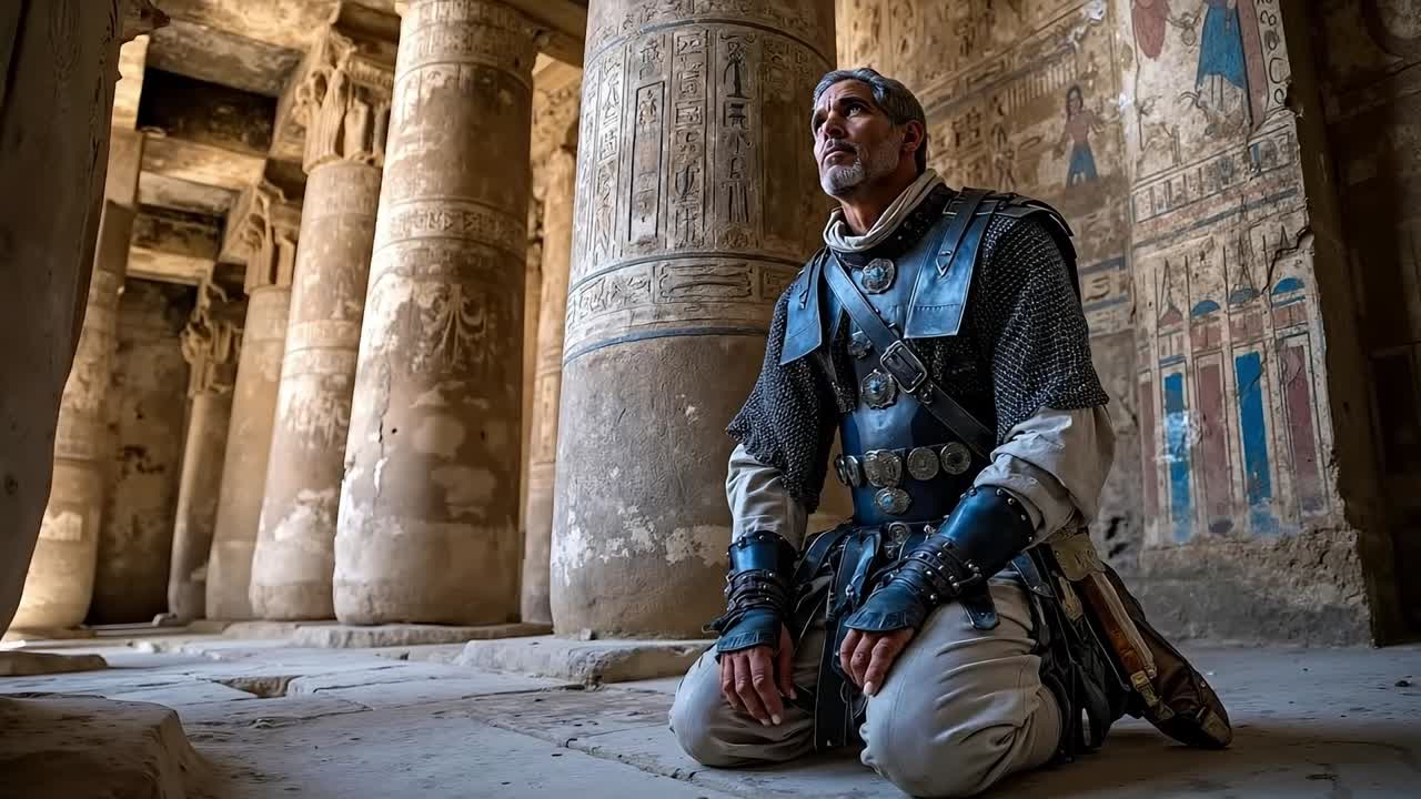 Un uomo in armatura seduto a terra di fronte a un edificio