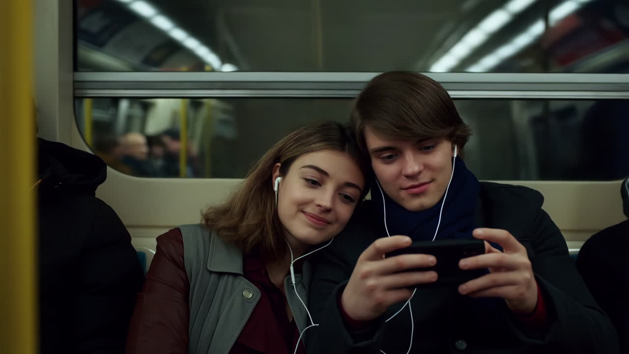 Young couple sharing earbuds and watching a smartphone on a train