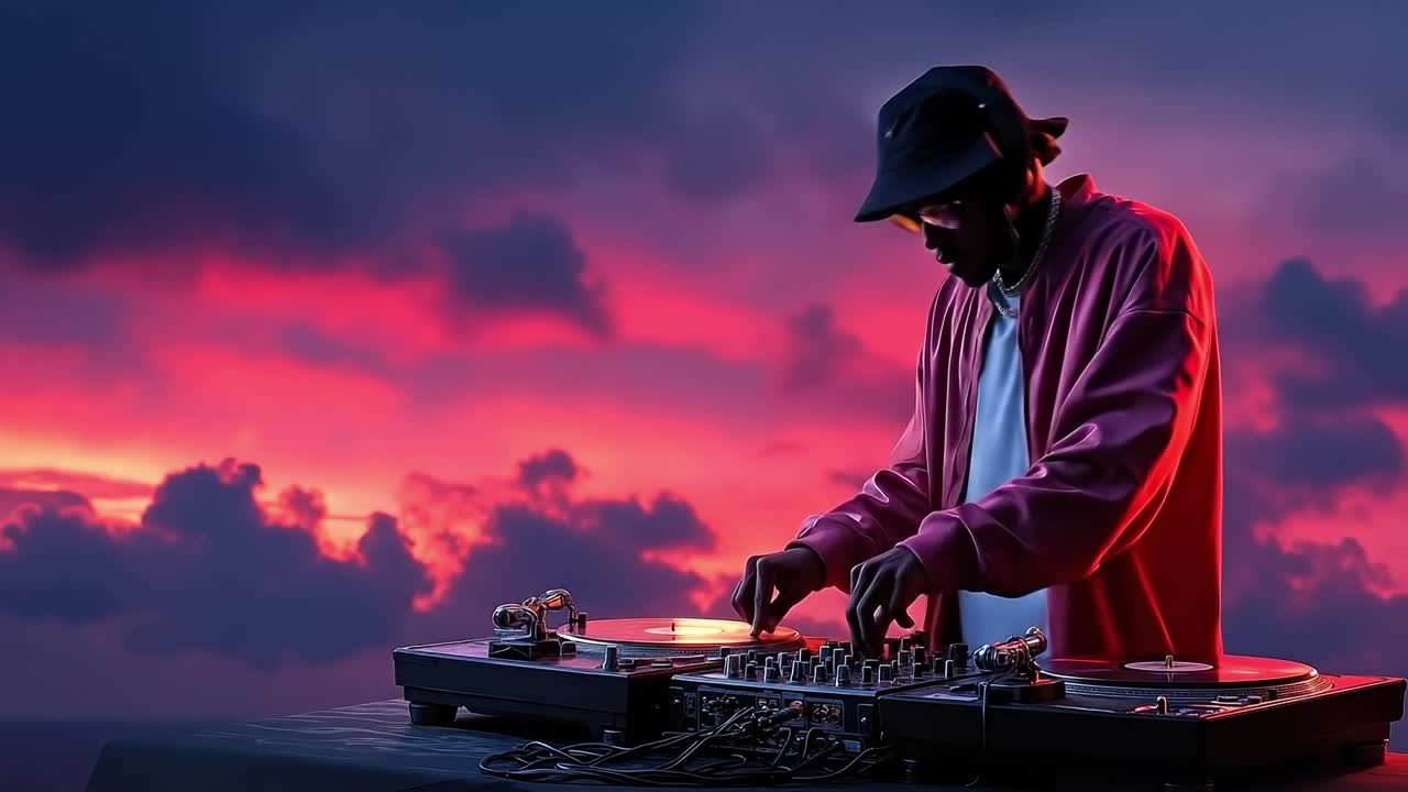 A man in a hat and sunglasses playing a dj set on a turntable
