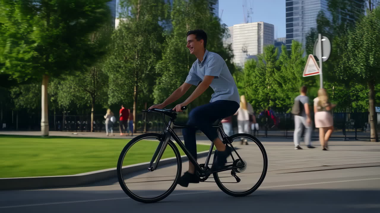 A young man happily riding a bicycle in a city park
