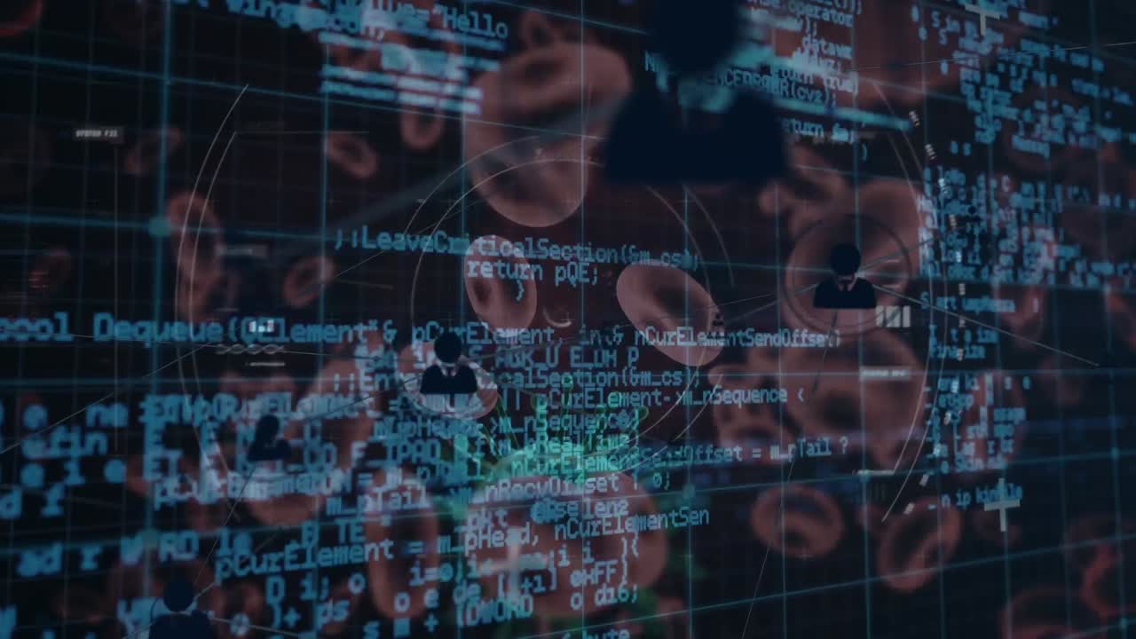procesamiento de datos y escaneo de alcance sobre células de covid-19 y múltiples vasos sanguíneos en fondo azul