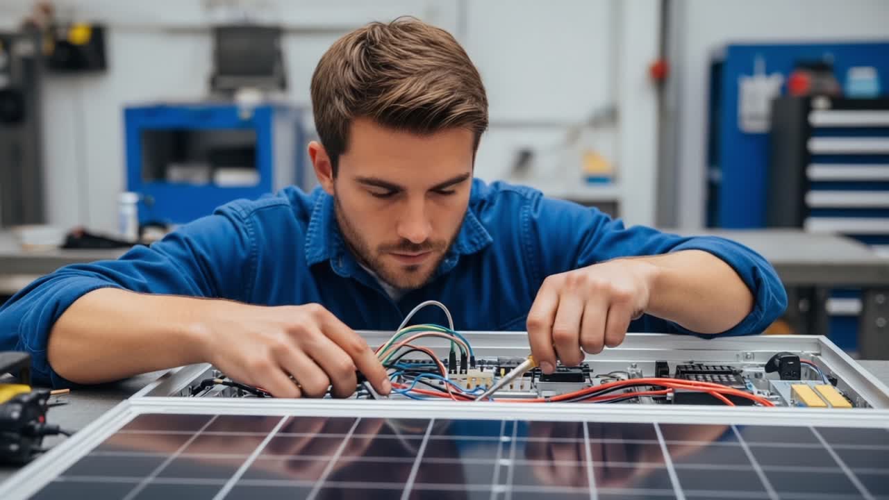 Focused Technician Assembles and Connects Wires Within Electronic Panel While Integrating Solar Technology in a Modern Workshop Environment