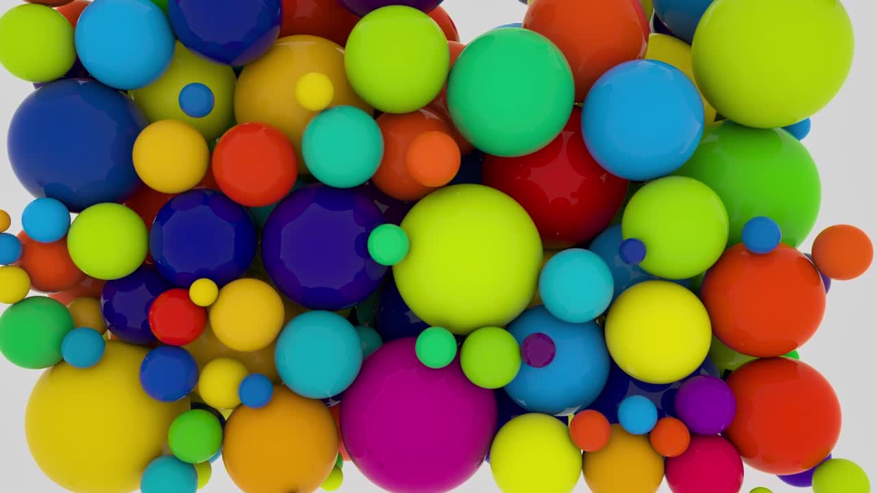 Multicolored spheres, pink, green, red, blue, yellow, floating, falling, colliding, filling screen. Soft texture, light background. Ideal for presentations, backdrops