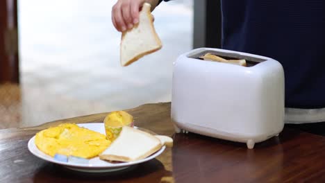 person toasting bread in a toaster, indoors