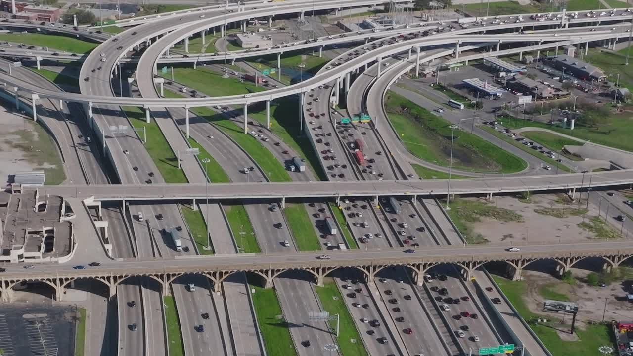 View of downtown Dallas highways with busy traffic during daytime