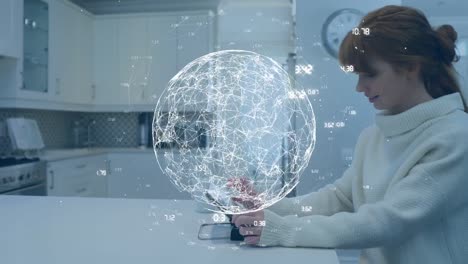 animación de globo hecho de conexiones y números sobre mujer caucásica usando tableta en casa