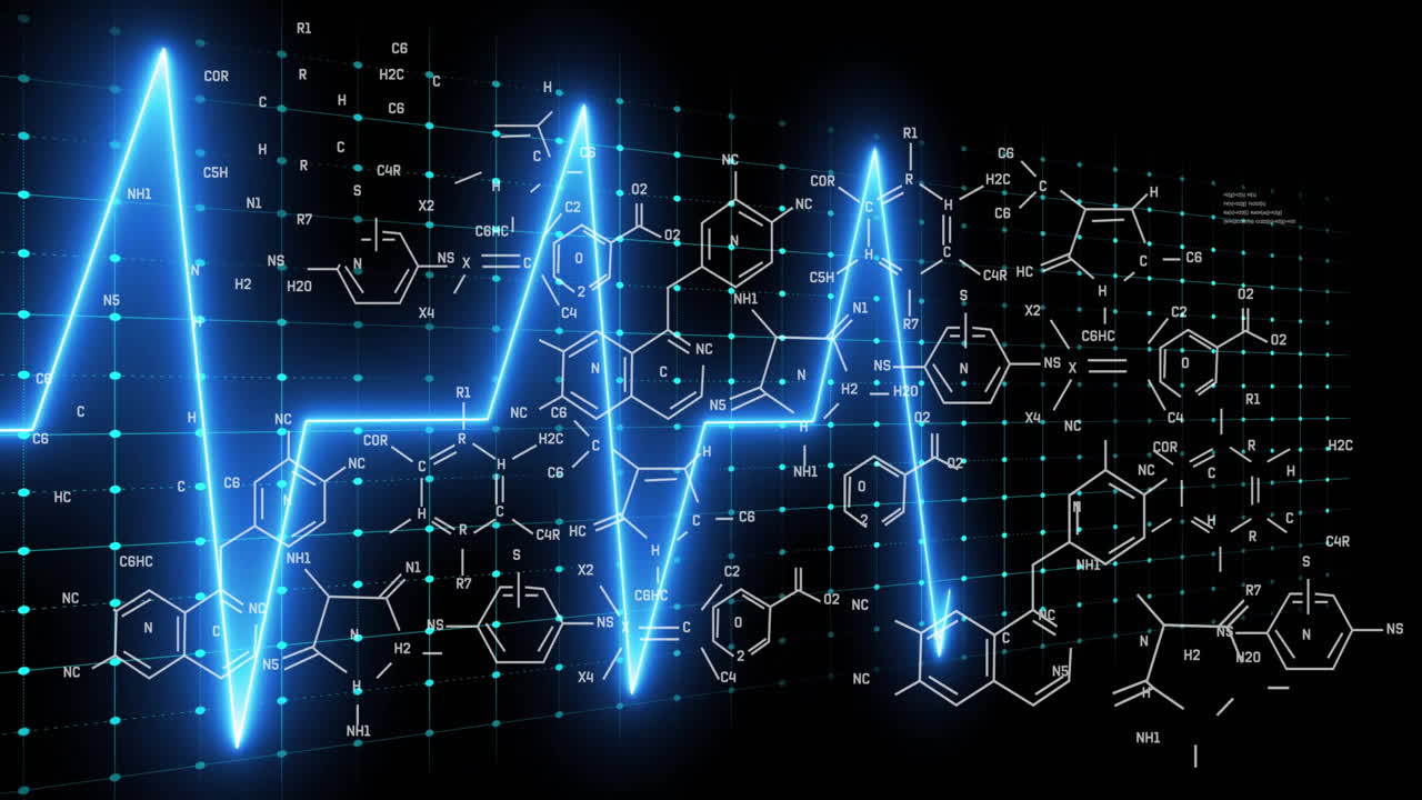 Animation of glowing heartbeat line with chemical structures in background