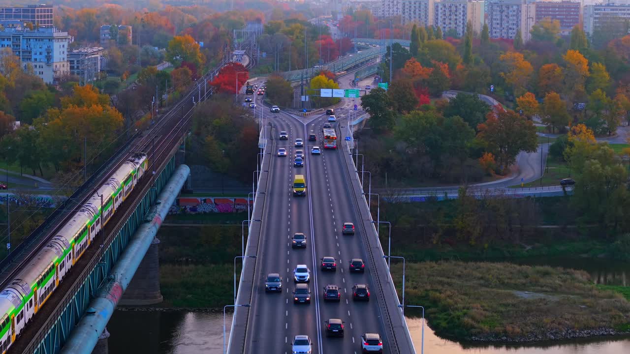 Slaska-Dabrowski bridge, rush hour, misty morning, train journey, aerial