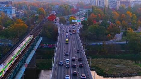 slaska-dabrowski bridge, rush hour, misty morning, train journey, aerial