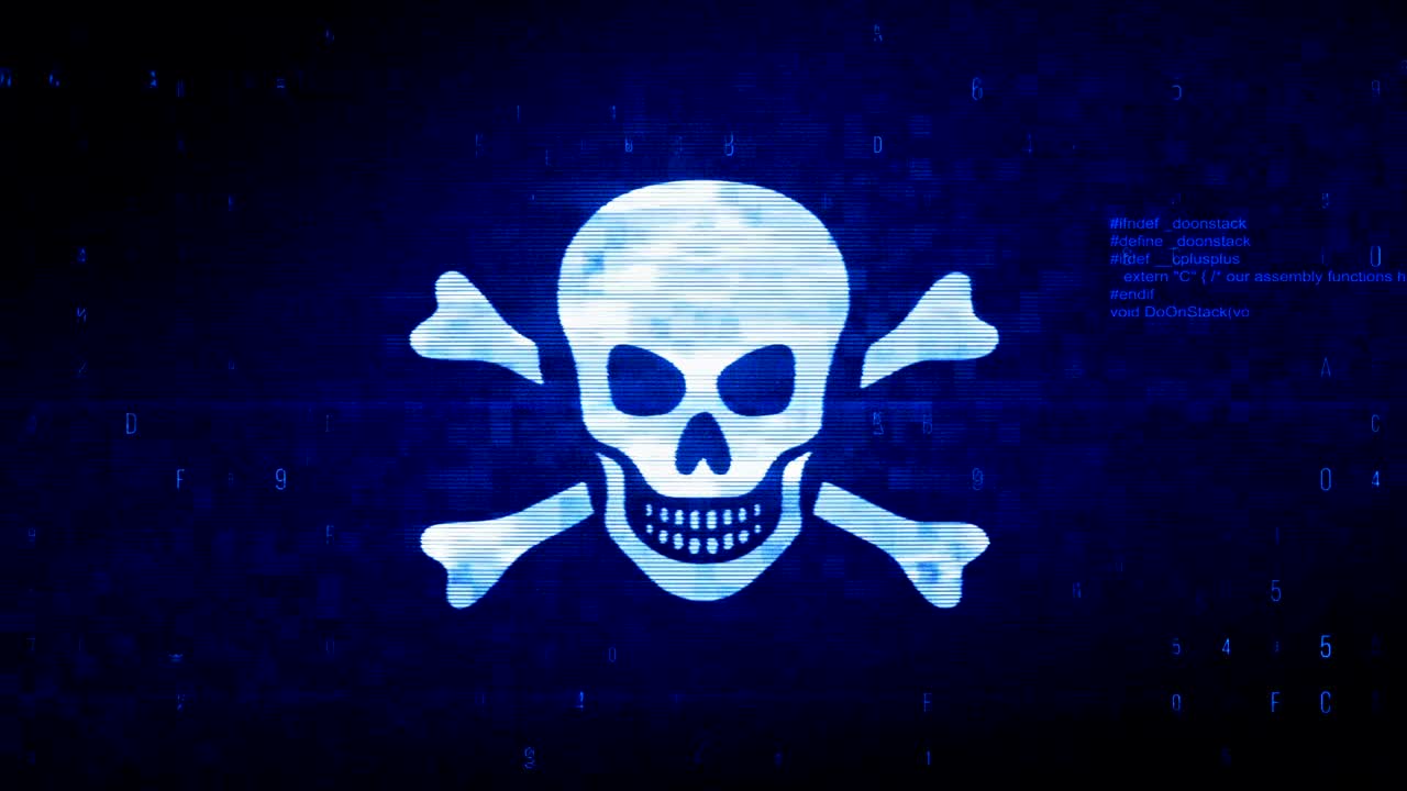 두개골과 십자골 기호 디지털 픽셀 노이즈 오류 애니메이션