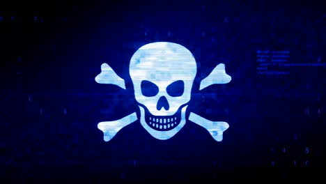 skull and crossbones symbol digital pixel noise error animation.