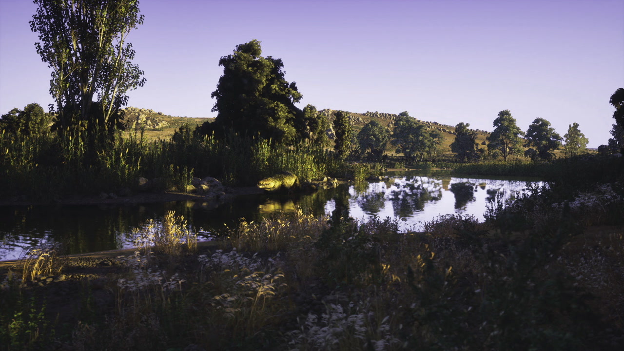 Calm landscape featuring reflective river with distant foliage and gentle sky