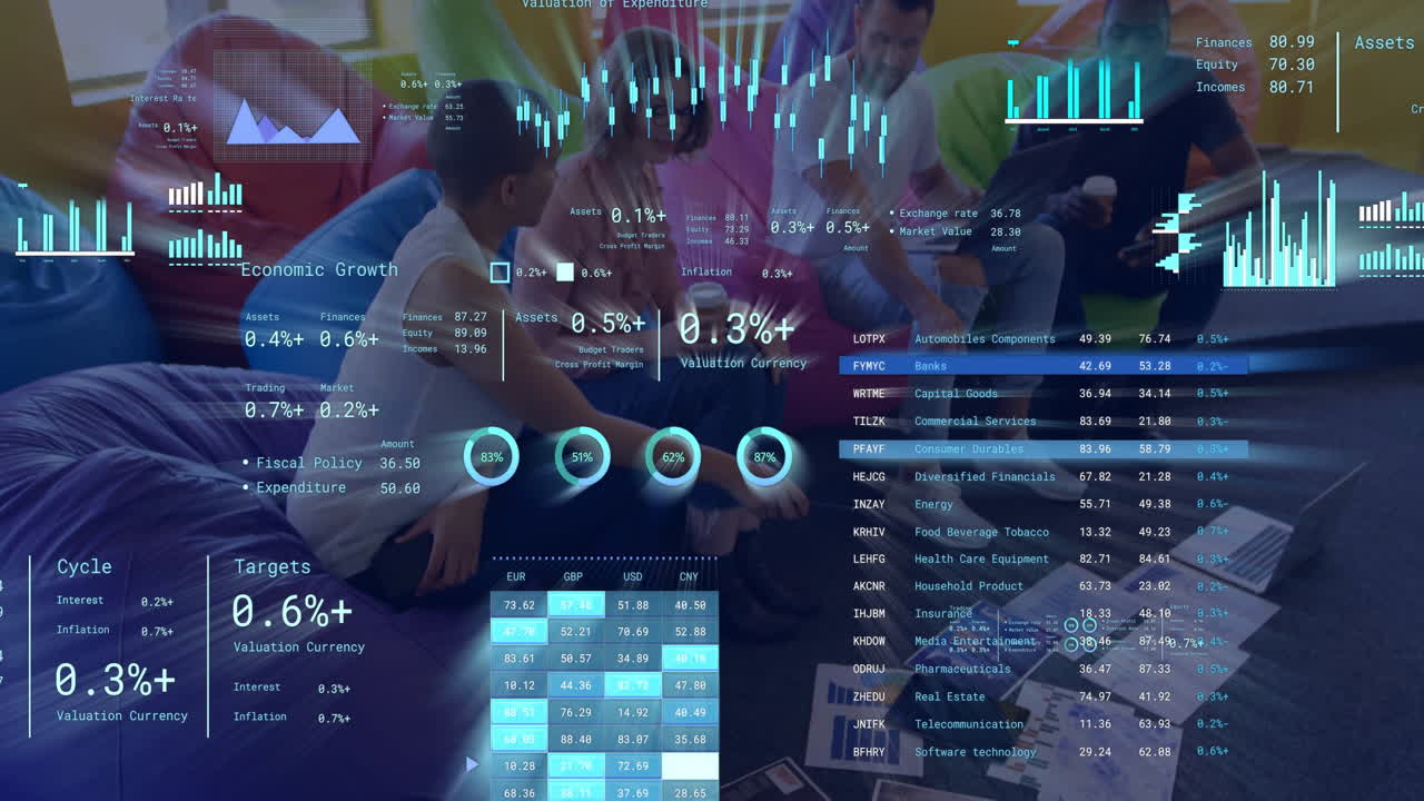 Animation of diagrams and data processing over diverse colleagues talking in office