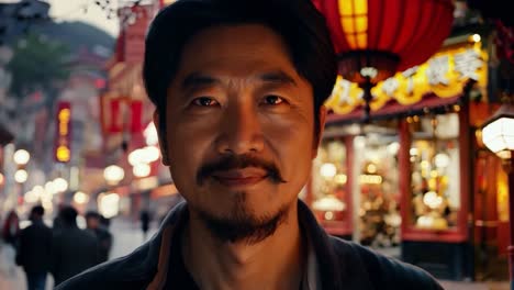 smiling asian man with a beard and black hair stands on a busy street, surrounded by vibrant city lights at night