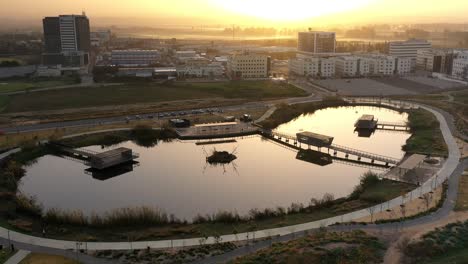 parque urbano del lago al amanecer