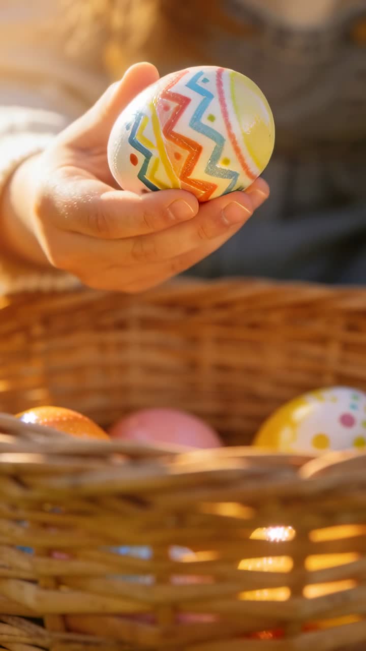 Vertical video: Seeing bright eggs drawing sleeved kid hands picking checking egg at basket in yard