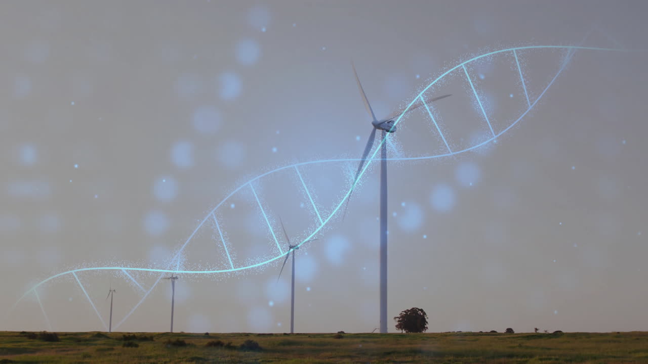 Wind turbines rising from grassland while blue DNA helix winding across sky with glowing particles