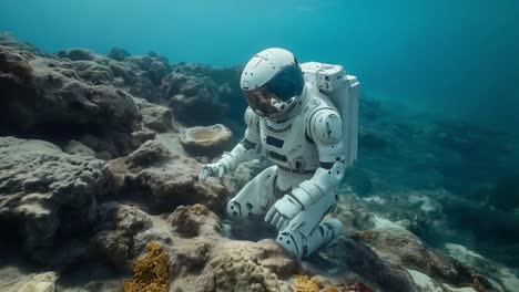 astronaut exploring coral reef underwater