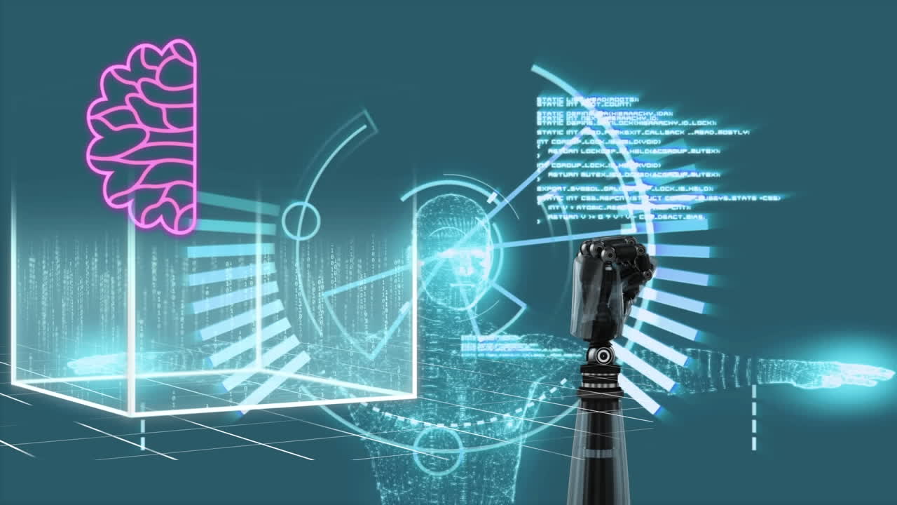 로 ⁇ 의 팔과 어두운 배경 위의 ai 데이터 처리 애니메이션